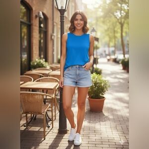 Nine West Essential Easy High-Neck Tank Santorini Blue Size Large (EUC)